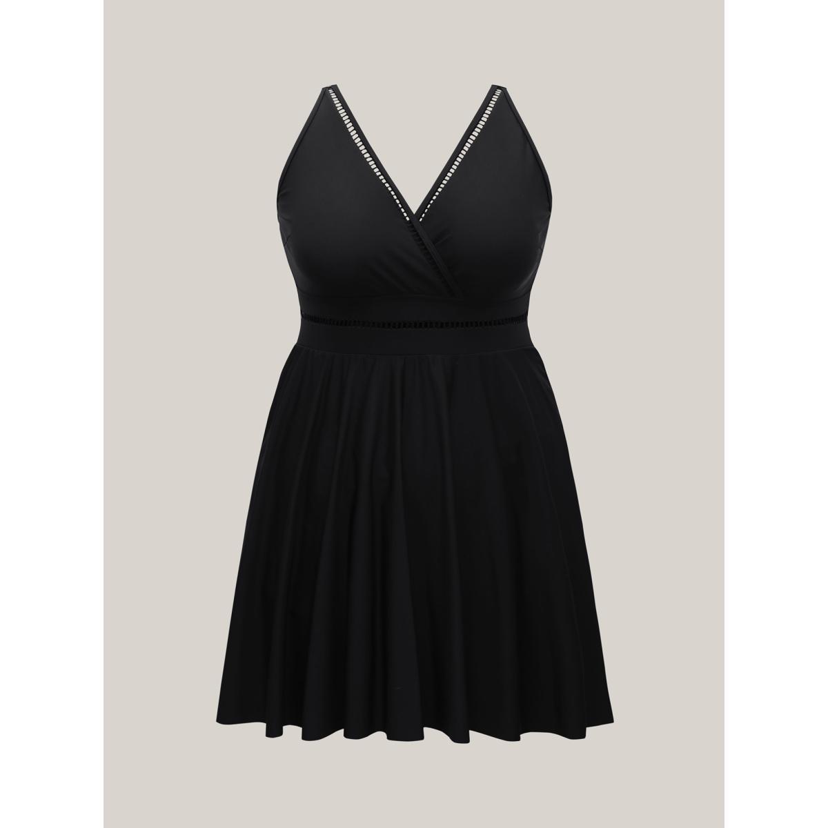 Plus Size Cut-Out Surplice Neck Webbed Swim Dress Women's Swimwear Black Beach Bodycon Overlap Collar High stretch Curve Swim Dresses BloomChic 26/4X Product Image