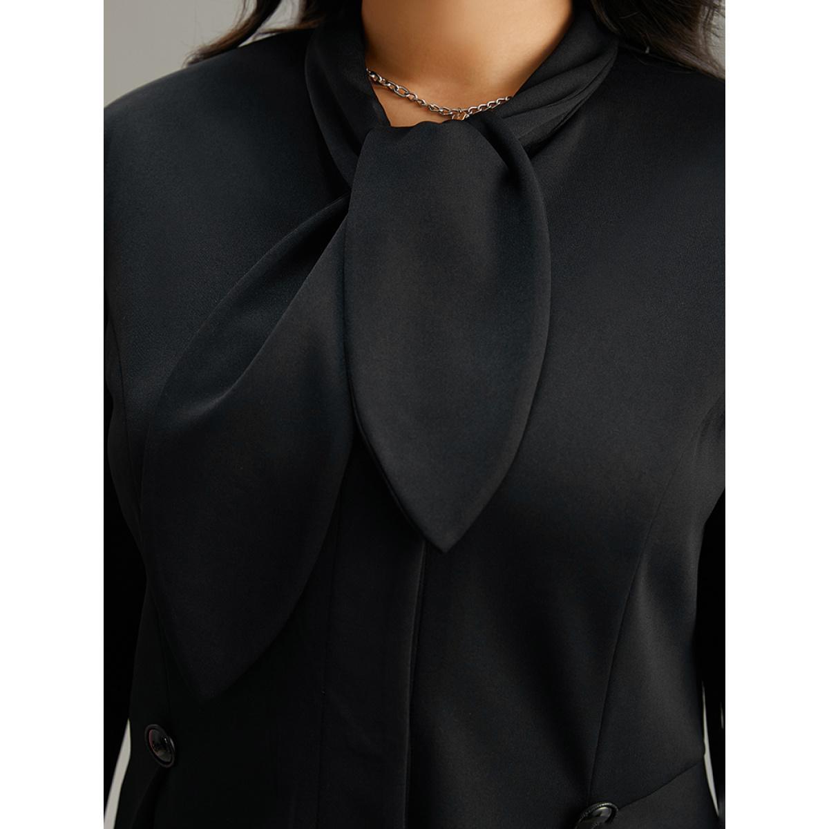 Plus Size Plain Button Detail Asymmetrical Ties Blazer Black Women Dailywear Plain Plain Sleeve Long Sleeve Asymmetrical Neck 12/L Elegant Blazers BloomChic Product Image