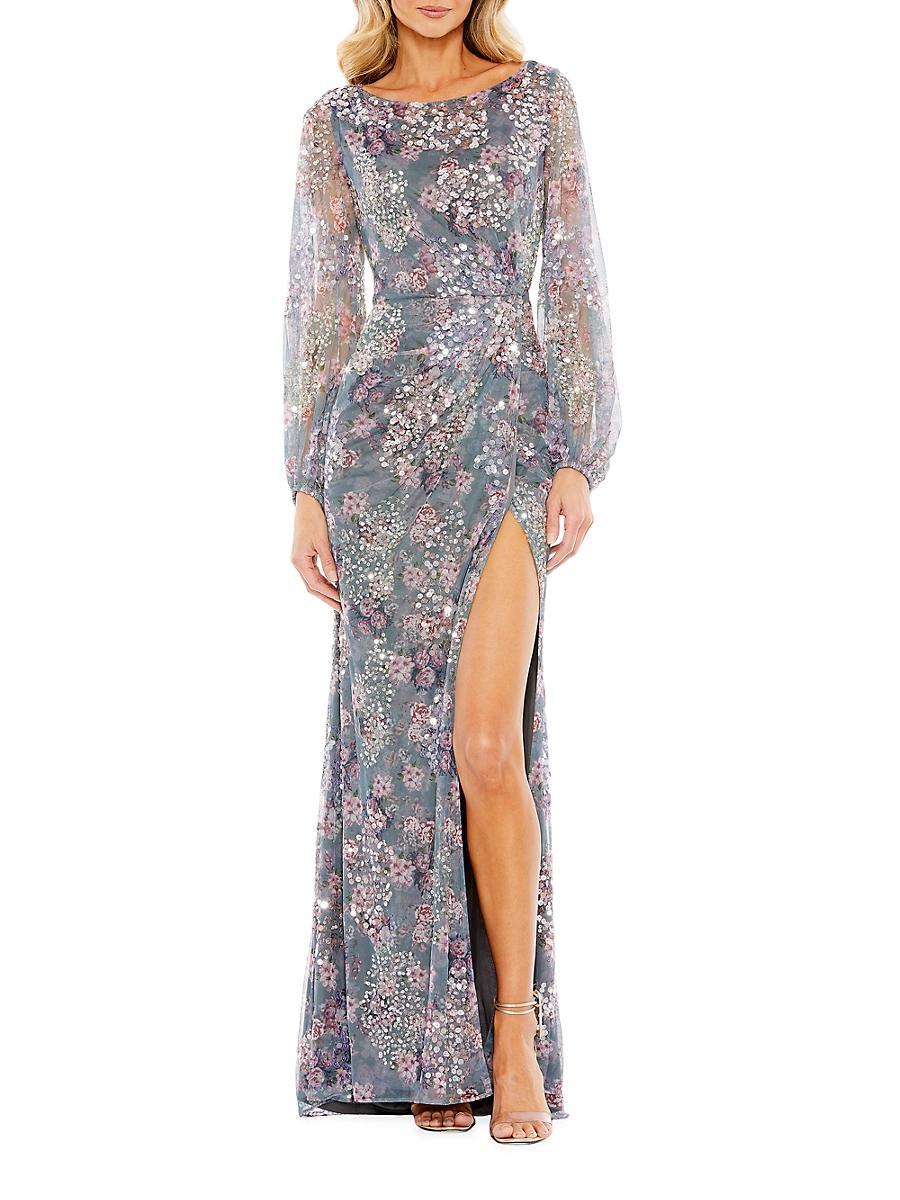 Womens Embellished Illusion Long-Sleeve Faux-Wrap Gown Product Image
