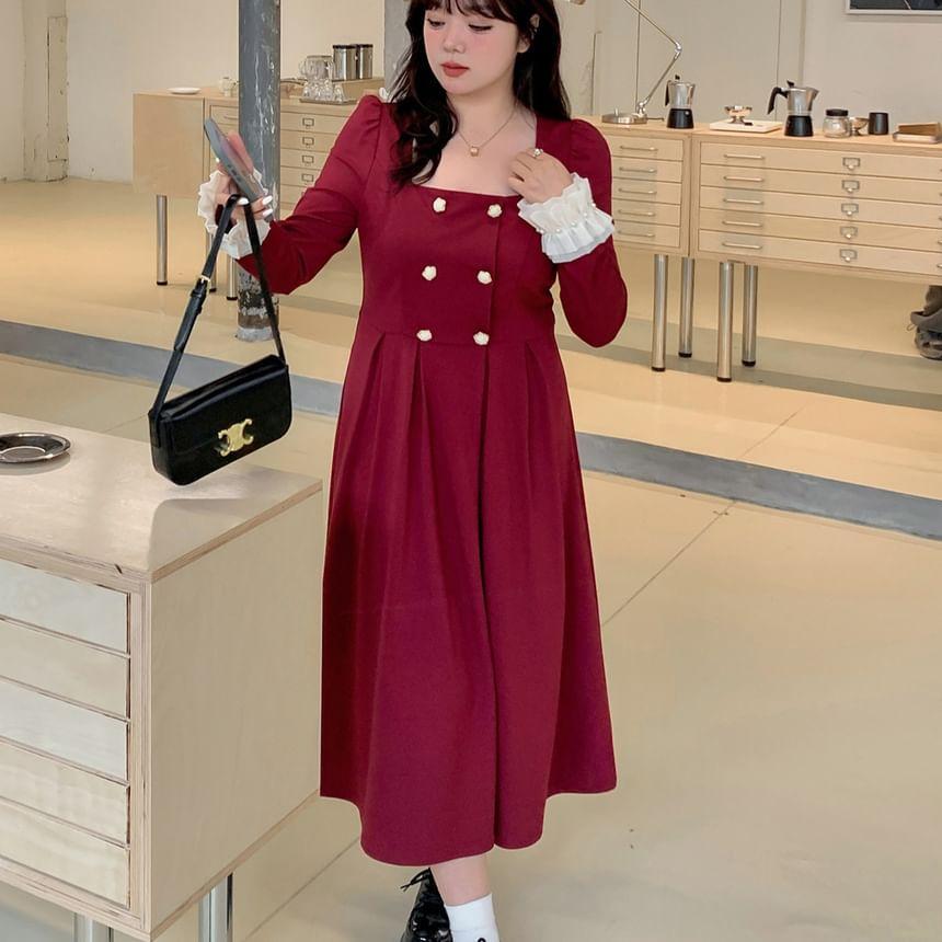 Plus Size Long-Sleeve Square Neck Double-Breasted Frill Trim Midi A-Line Dress Product Image