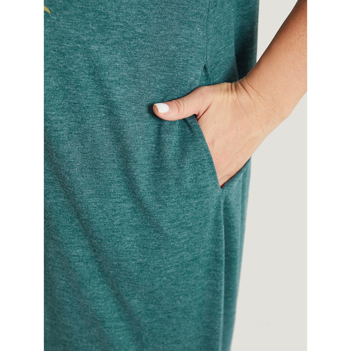 Plus Size Floral Print Roll Sleeve Pocket V Neck Dress Emerald Women Casual Non V-neck Short sleeve Curvy Midi Dress BloomChic 10/M Product Image