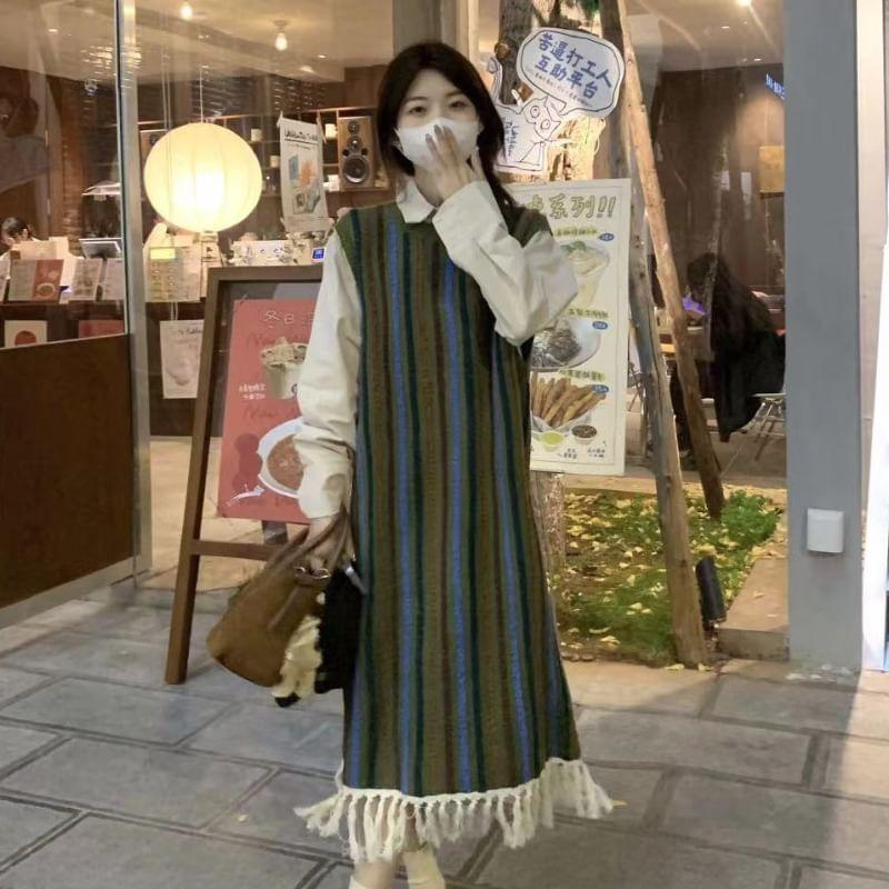 Long-Sleeve Plain Shirt / Sleeveless Striped A-Line Dress Product Image