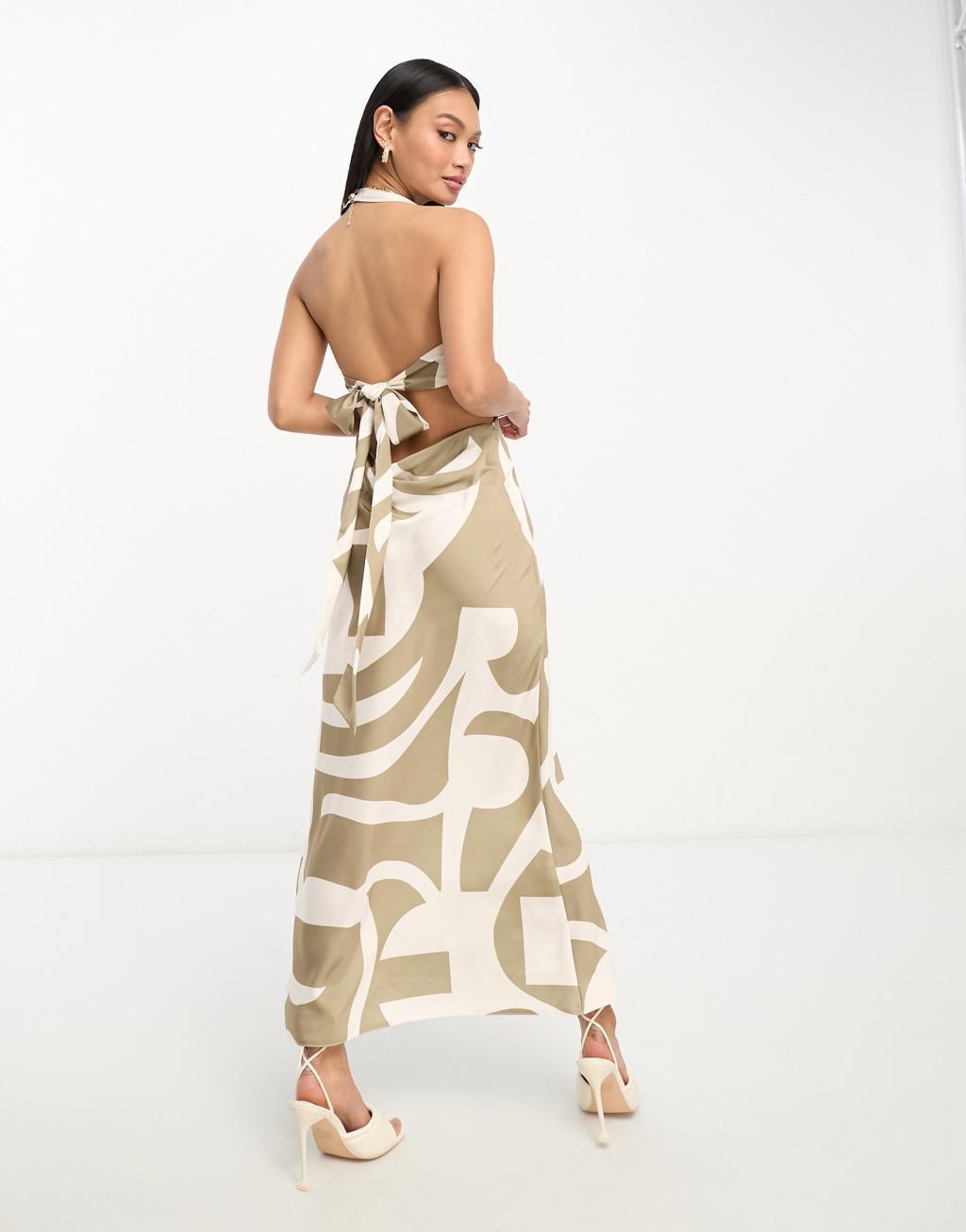 ASOS DESIGN satin halter plunge bust midi dress with cut out waist detail Product Image