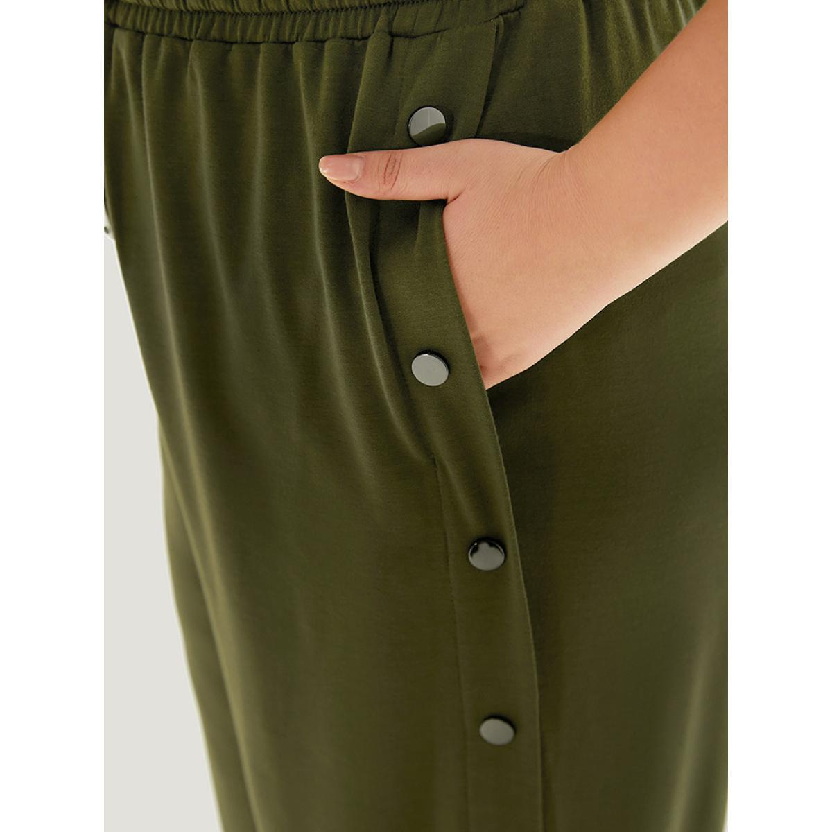 Plain Pocket Elastic Waist Button Detail Drawstring Sweatpants ArmyGreen Plus Size Women Casual Dailywear Plain 28/5X Bloomchic Product Image
