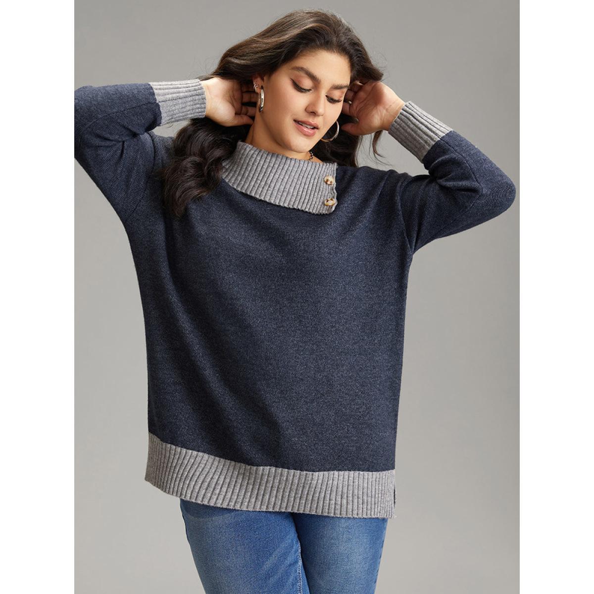 Plus Size Two Tone Button Detail Lapel Collar Pullover Midnight Women Casual Loose Long Sleeve Lapel Collar Dailywear Pullovers BloomChic 12/L Product Image