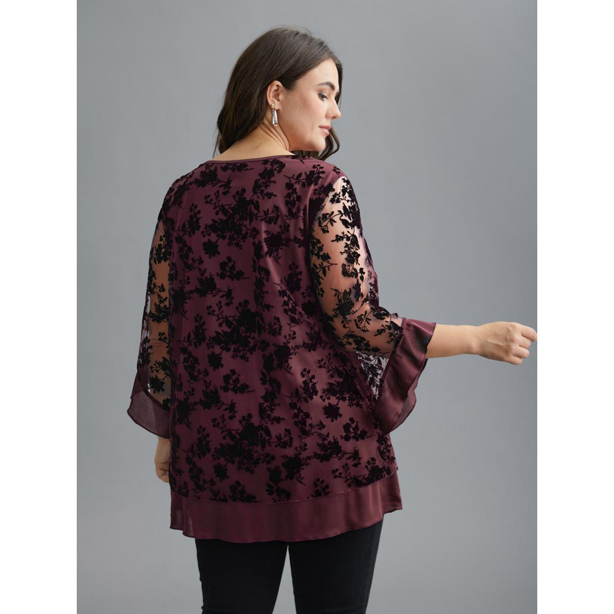 Plus Size Burgundy Floral Flocking Mesh Asymmetrical Hem Blouse Women Elegant Three Quater Length Sleeve V-neck Everyday Blouses BloomChic 28/5X Product Image