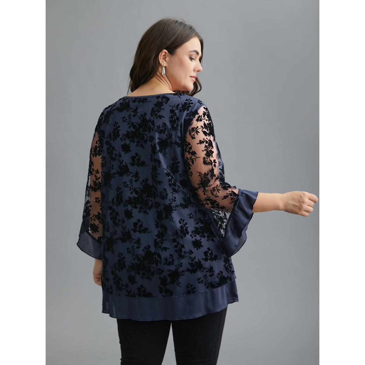 Plus Size Indigo Floral Flocking Mesh Asymmetrical Hem Blouse Women Elegant Three Quater Length Sleeve V-neck Everyday Blouses BloomChic 30/6X Product Image