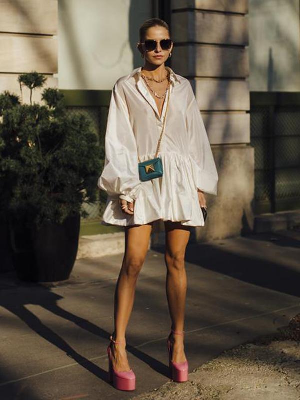 Urban Puff Sleeves Buttoned Split-Joint Solid Color Lapel Mini Dresses Shirt Dress Product Image