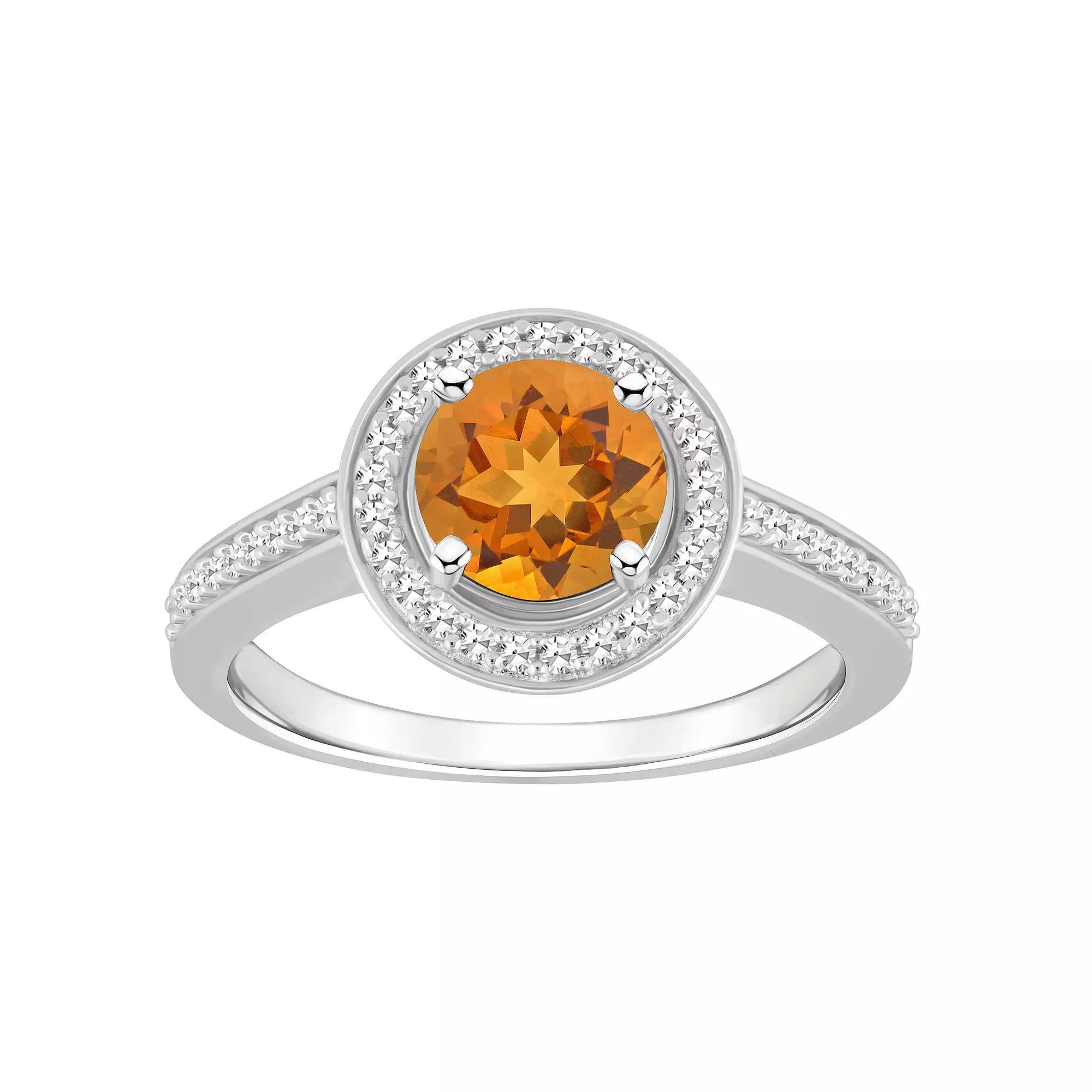 Celebration Gems Sterling Silver 7 mm Round Gemstone & 1/5 Carat T.W. Diamond Halo Ring, Women's, Citrine Product Image