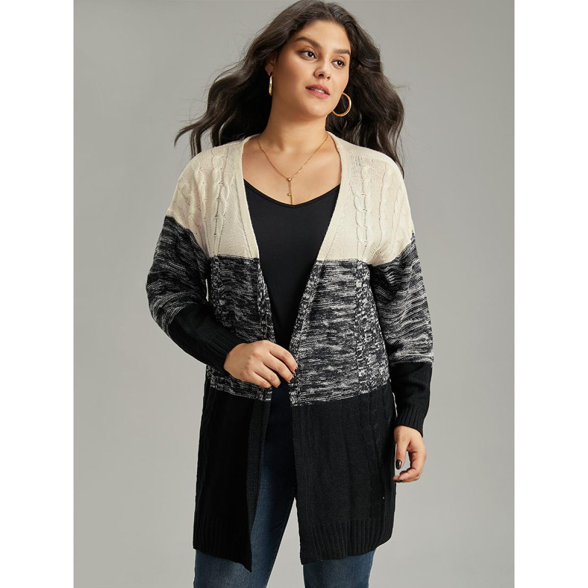 Plus Size Colorblock Contrast Heather Open Front Cardigan Black Women Casual Loose Long Sleeve Dailywear Cardigans BloomChic 14-16/1X Product Image