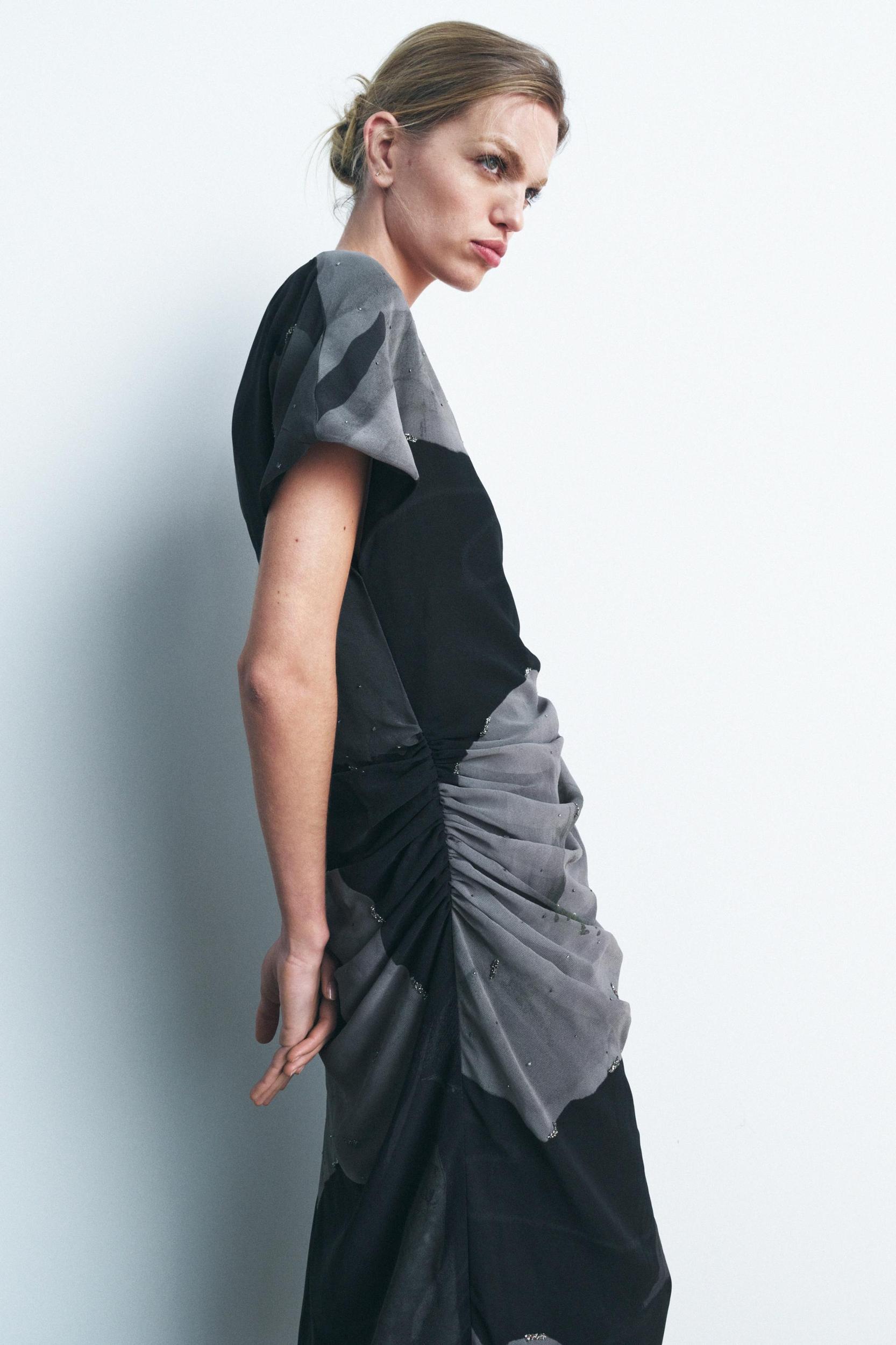BEADED DRAPED DRESS Product Image