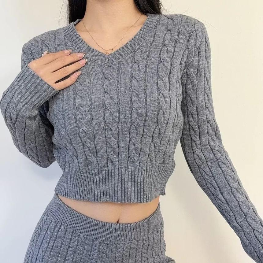 V-Neck Plain Cable-Knit Cropped Sweater Product Image