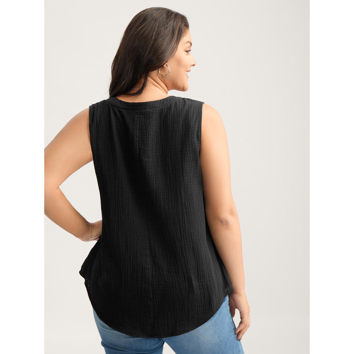 Plus Size Cotton Button Front Solid Tank Top Women Black Texture Flat collar with V-notch Everyday-Casual Tank Tops Camis BloomChic 14-16/1X Product Image