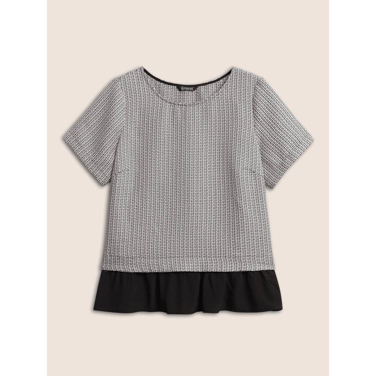 Plus Size Black Tweed Patchwork Ruffle Hem Blouse Women At the Office Short sleeve Round Neck Work Blouses BloomChic 10/M Product Image