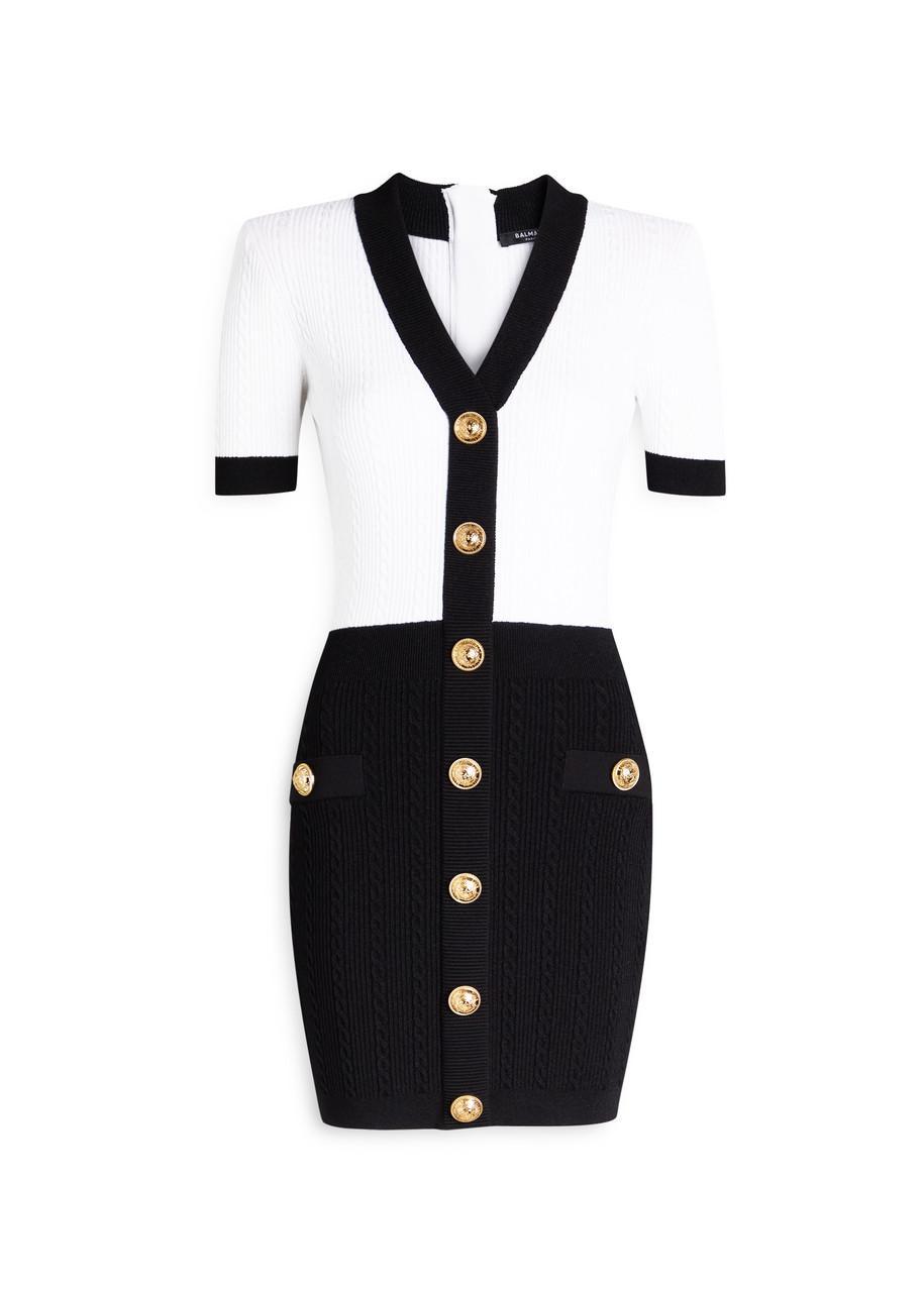 BALMAIN V-neck Buttoned Strong-shoulder Torsade Knit Mini Dress In White Product Image
