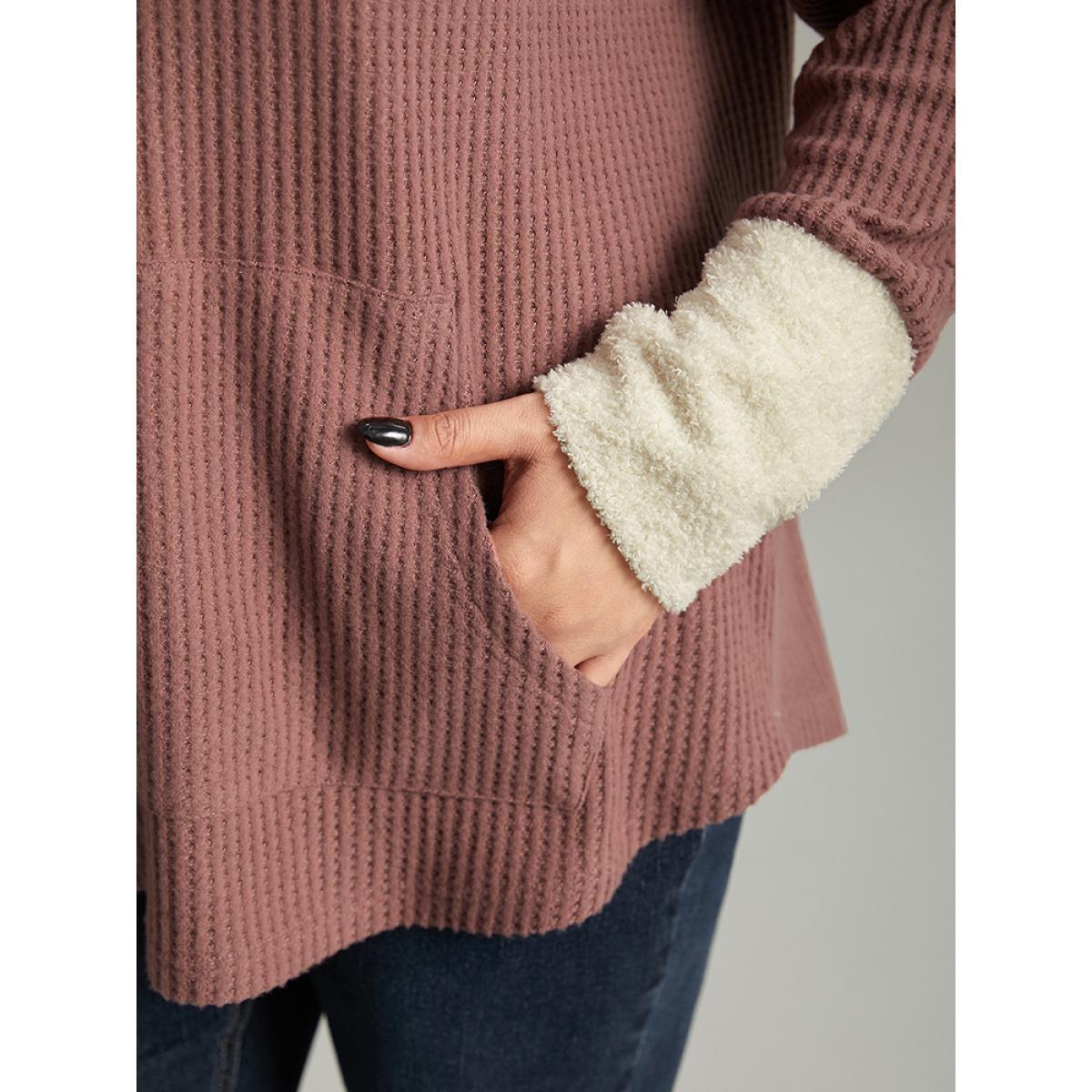 Plus Size Waffle Knit Pocket Hooded Patchwork Sweatshirt Women DustyPink Casual Waffle Knit Hooded Everyday Sweatshirts BloomChic 22-24/3X Product Image