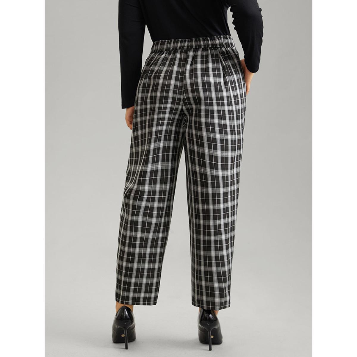 Plus Size Plaid Elastic Waist Straight Leg Pants Women Black Office Straight Leg High Rise Work Pants BloomChic 12/L Product Image