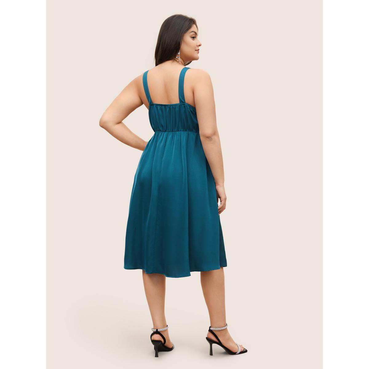 Plus Size Satin Solid Gathered Button Detail Cami Dress Aegean Women Elegant Non Non Sleeveless Curvy Midi Dress BloomChic 10/M Product Image