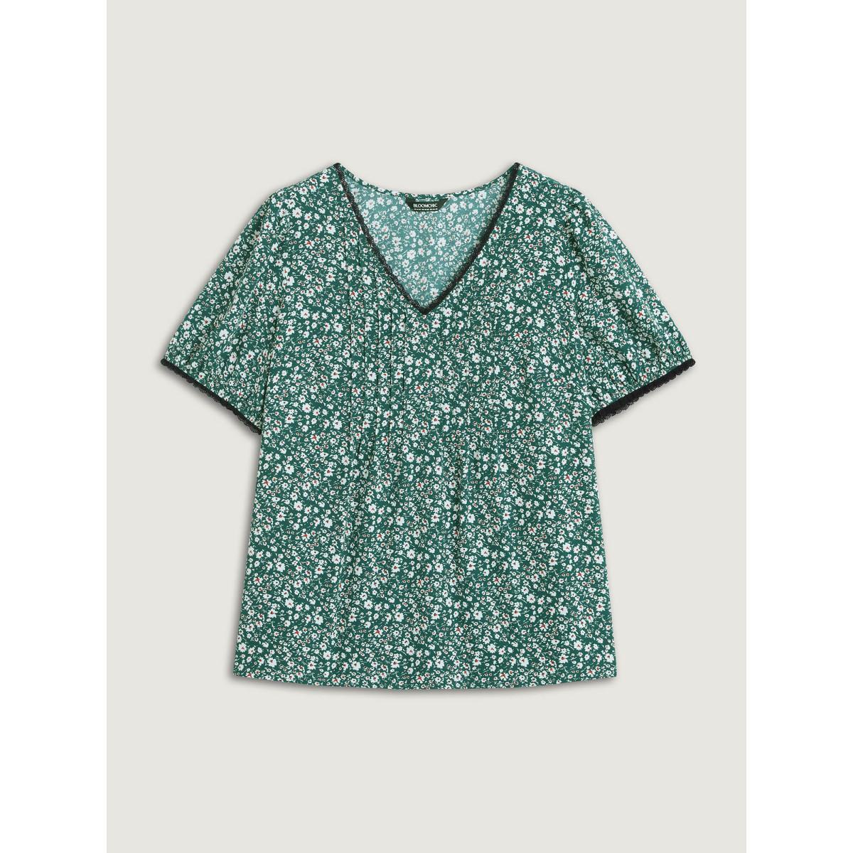 Plus Size DarkGreen Ditsy Floral Print Lace Trim Blouse Women Short sleeve V-neck Everyday-Elegant Blouses BloomChic 12/L Product Image
