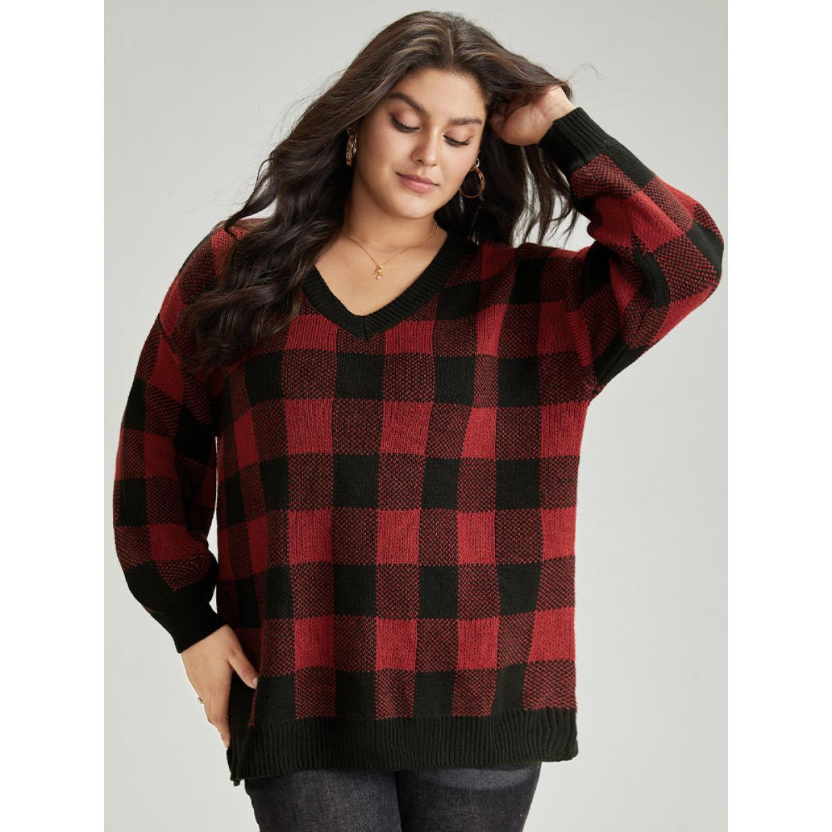 Plus Size Plaid V Neck Lantern Sleeve Loose Pullover Burgundy Women Casual Loose Long Sleeve V-neck Dailywear Pullovers BloomChic 10/M Product Image