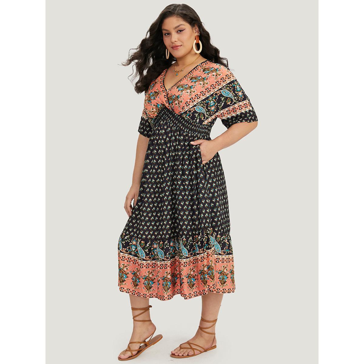 Plus Size Bandana Print Wrap Shirred Batwing Sleeve Dress DarkBlue Women Vacation Printed V-neck Short sleeve Curvy Midi Dress BloomChic 30/6X Product Image