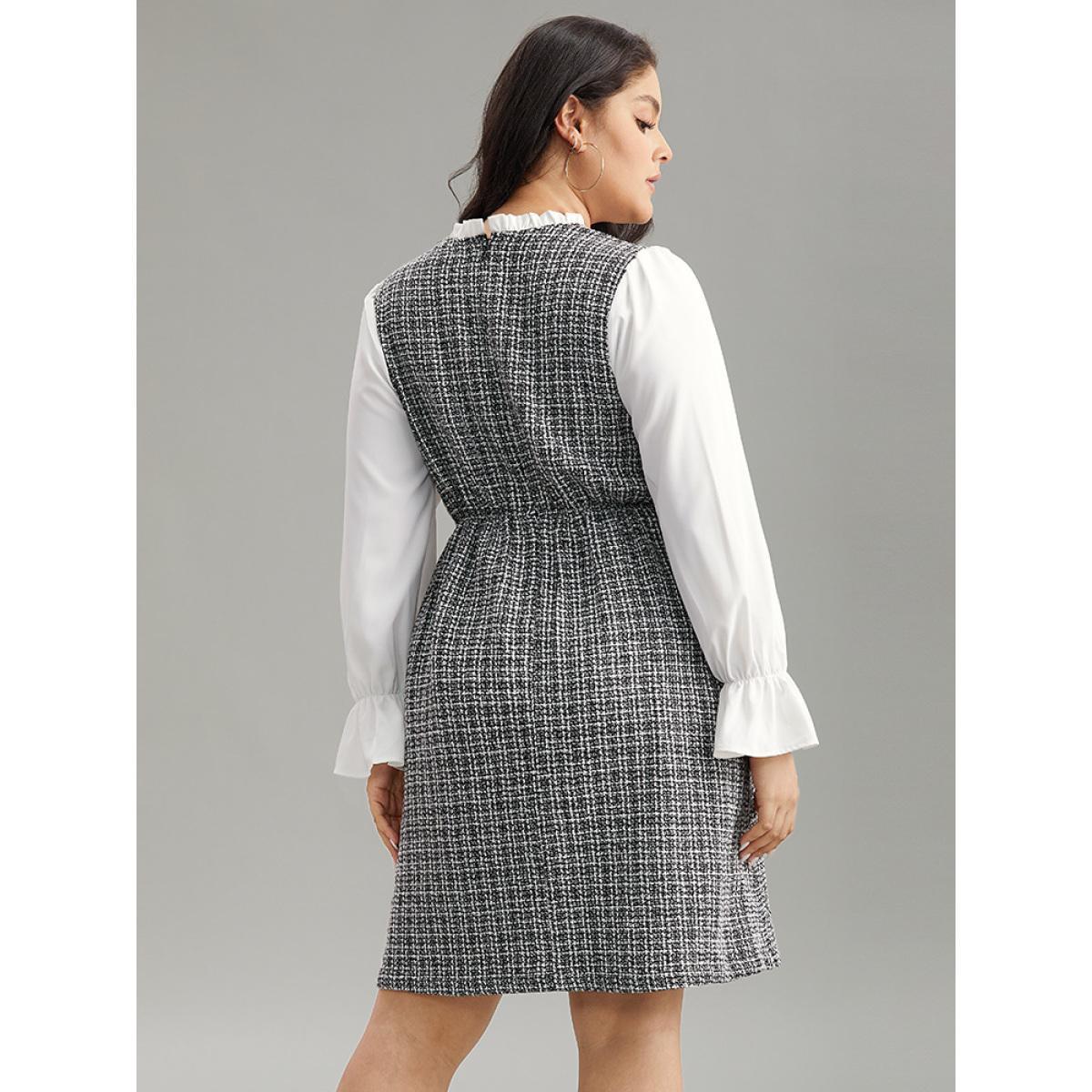 Plus Size Plaid Patchwork Ruffle Trim Knee Dress White Women Office Texture Mock Neck Long Sleeve Curvy Knee Dress BloomChic 22-24/3X Product Image