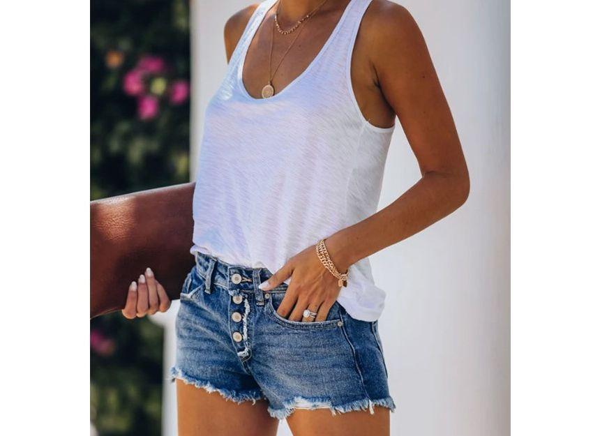 Mid Rise Button Fly Distressed Washed Denim Hot Pants Product Image