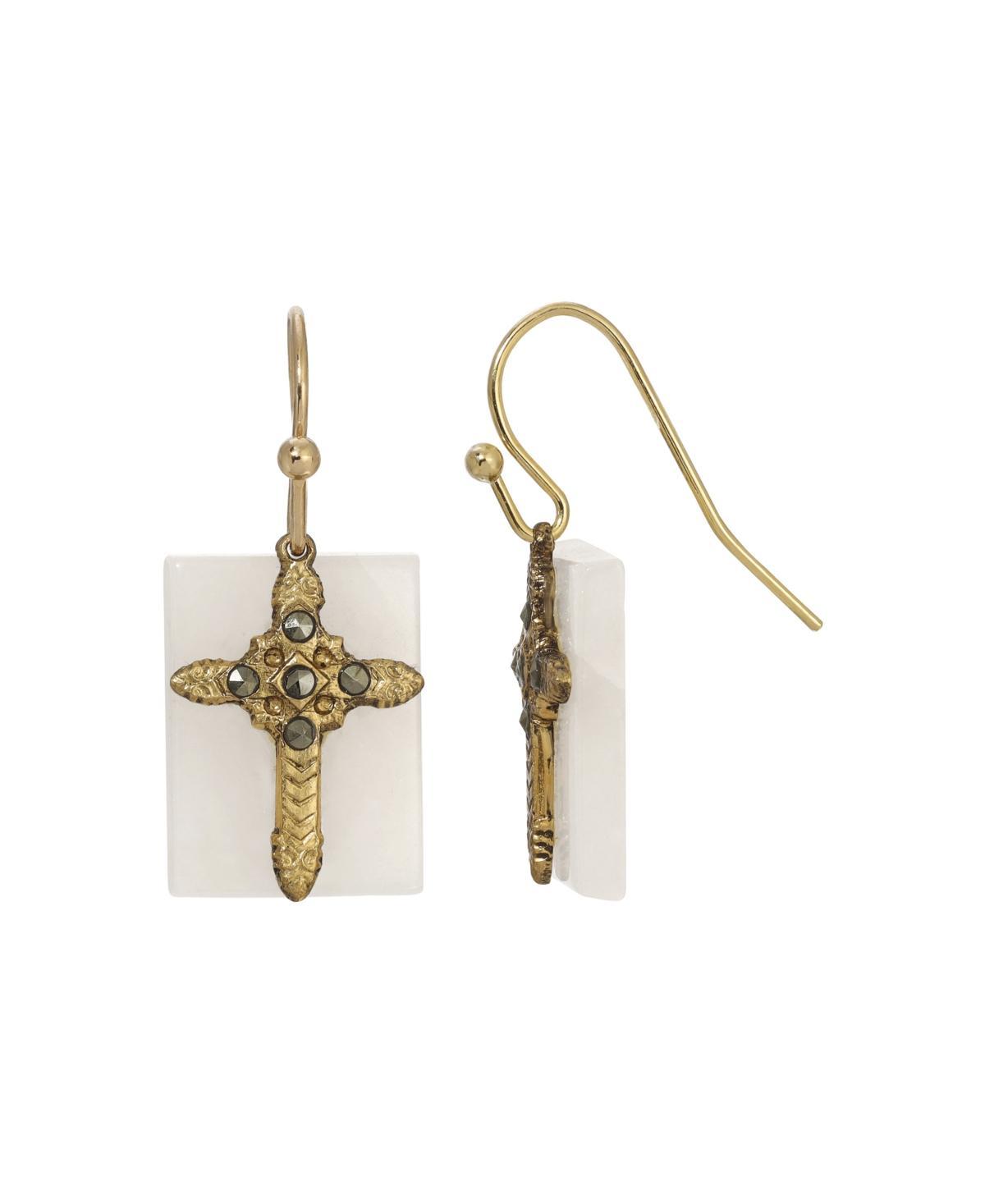 Symbols of Faith Gold Tone Semi-Precious Cross Drop Earrings, Womens, Black Product Image