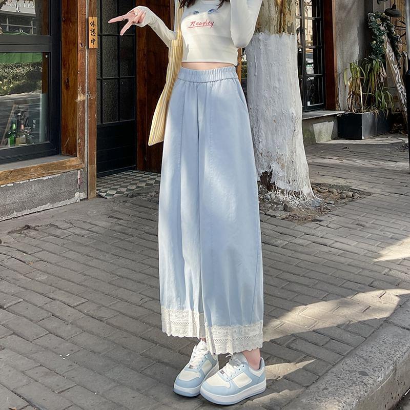 High Waist Plain Lace Trim Cropped Harem Pants Product Image
