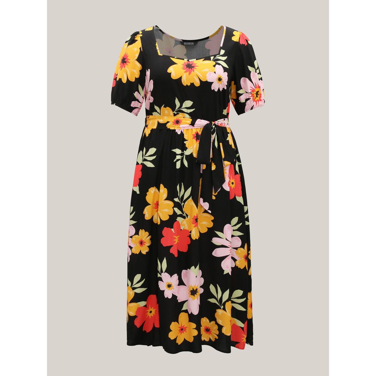 Plus Size Rayon Sunkissed Florals Belted Pockets Midi Dress Black Women Heart neckline Short sleeve Curvy BloomChic 18-20/2X Product Image