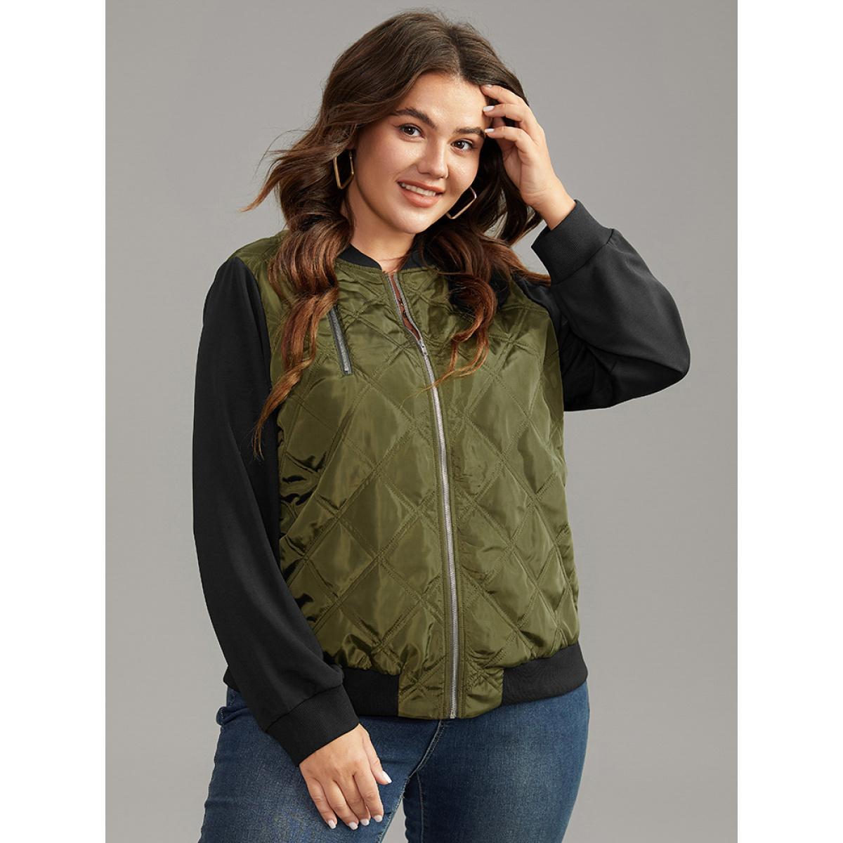Plus Size Contrast Patchwork Quilted Zipper Bomber Jacket Women ArmyGreen Elastic cuffs Everyday Jackets BloomChic 18-20/2X Product Image