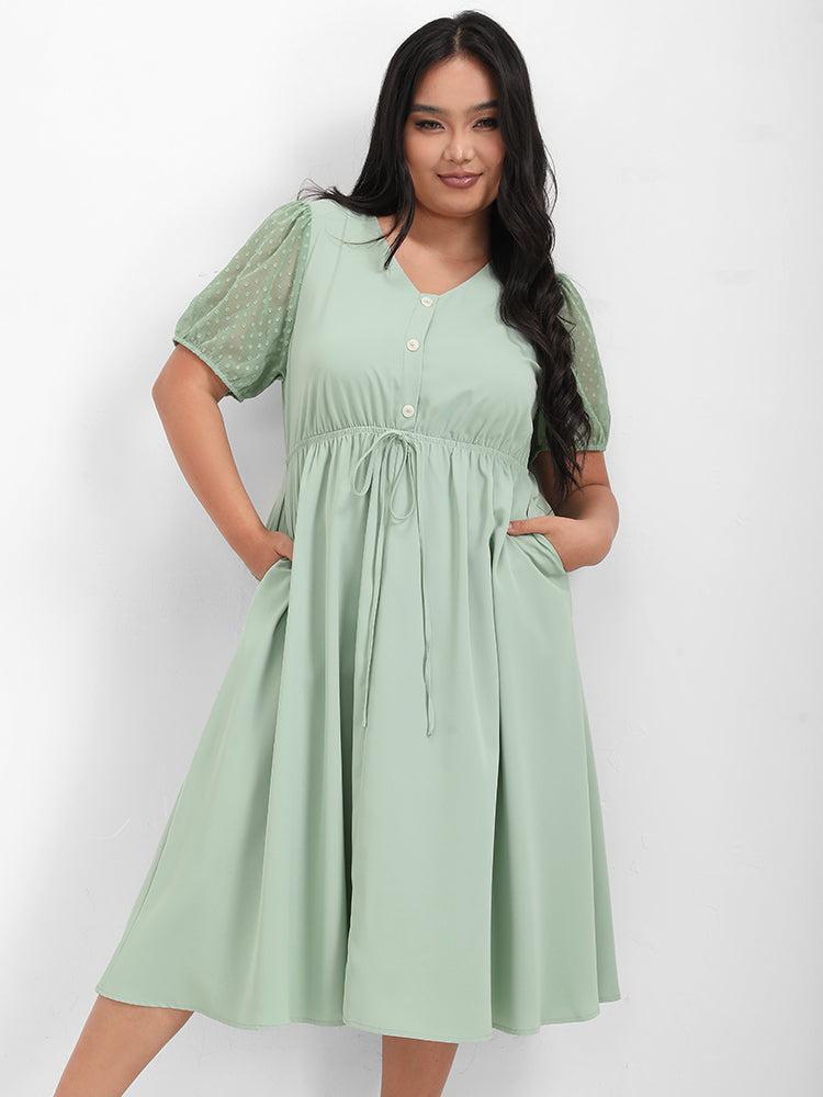 Solid Polka Dot Sleeve Button Dress Female Product Image