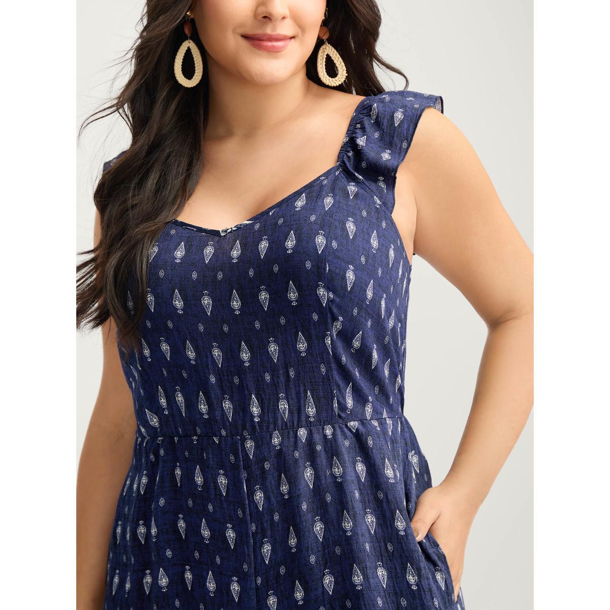 Plus Size Indigo Rayon Boho Print Stretchy Waist Jumpsuit Women Sleeveless Non Vacation Loose Jumpsuits BloomChic 18-20/2X Product Image