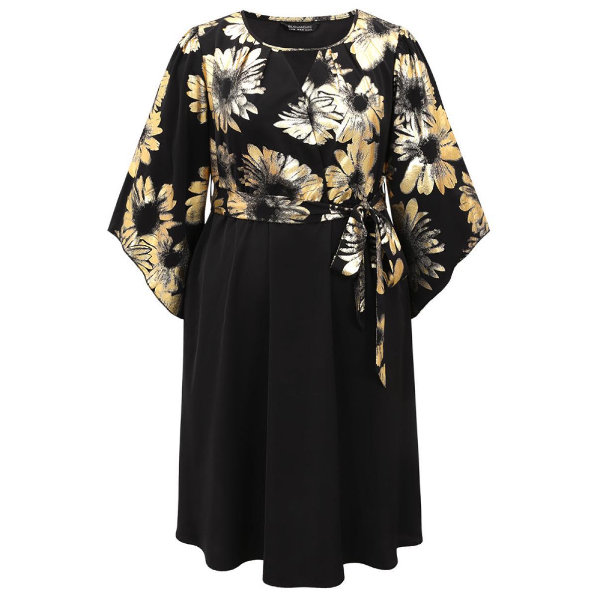 Plus Size Floral Glitter Belted Keyhole Flutter Sleeve Dress Black Women Glamour Gathered Keyhole Cut-Out Elbow-length sleeve Curvy Midi Dress BloomChic 22-24/3X Product Image