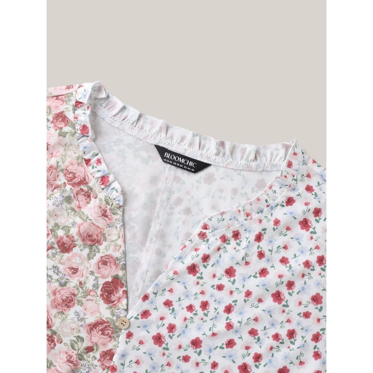 Plus Size Lightpink Floral Contrast Print Button Detail Blouse Women Half Sleeve Notched collar Everyday-Elegant Blouses BloomChic 18-20/2X Product Image