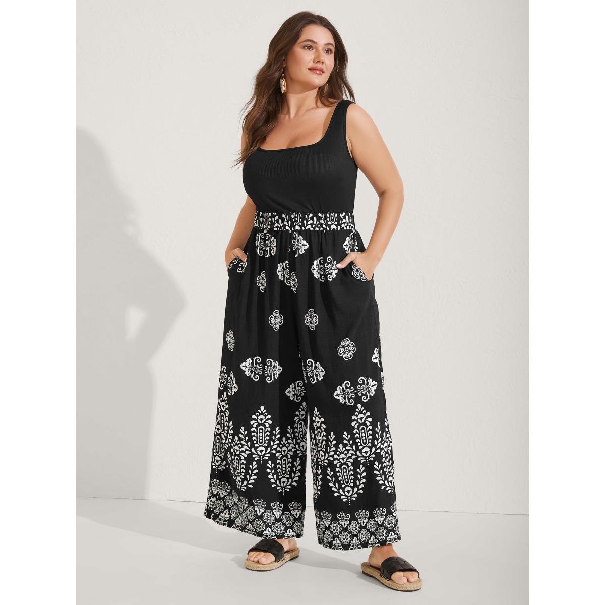 Plus Size Black Boho Print Color Contrast Flowy Jumpsuit Women Sleeveless Round Neck Vacation Loose Jumpsuits BloomChic 18-20/2X Product Image