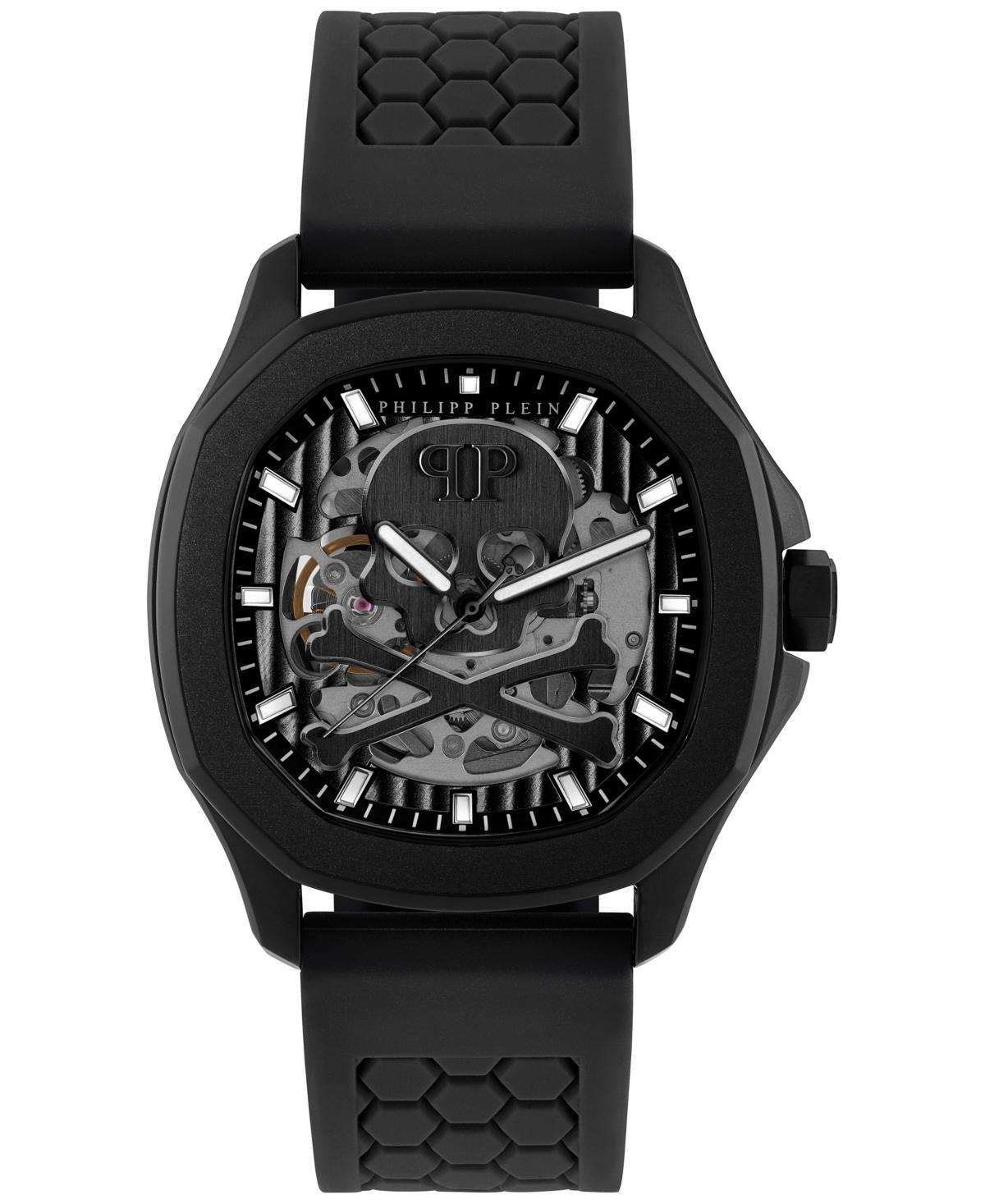 Philipp Plein Mens Skeleton Spectre Automatic Solid Black Silicone Strap Watch Product Image