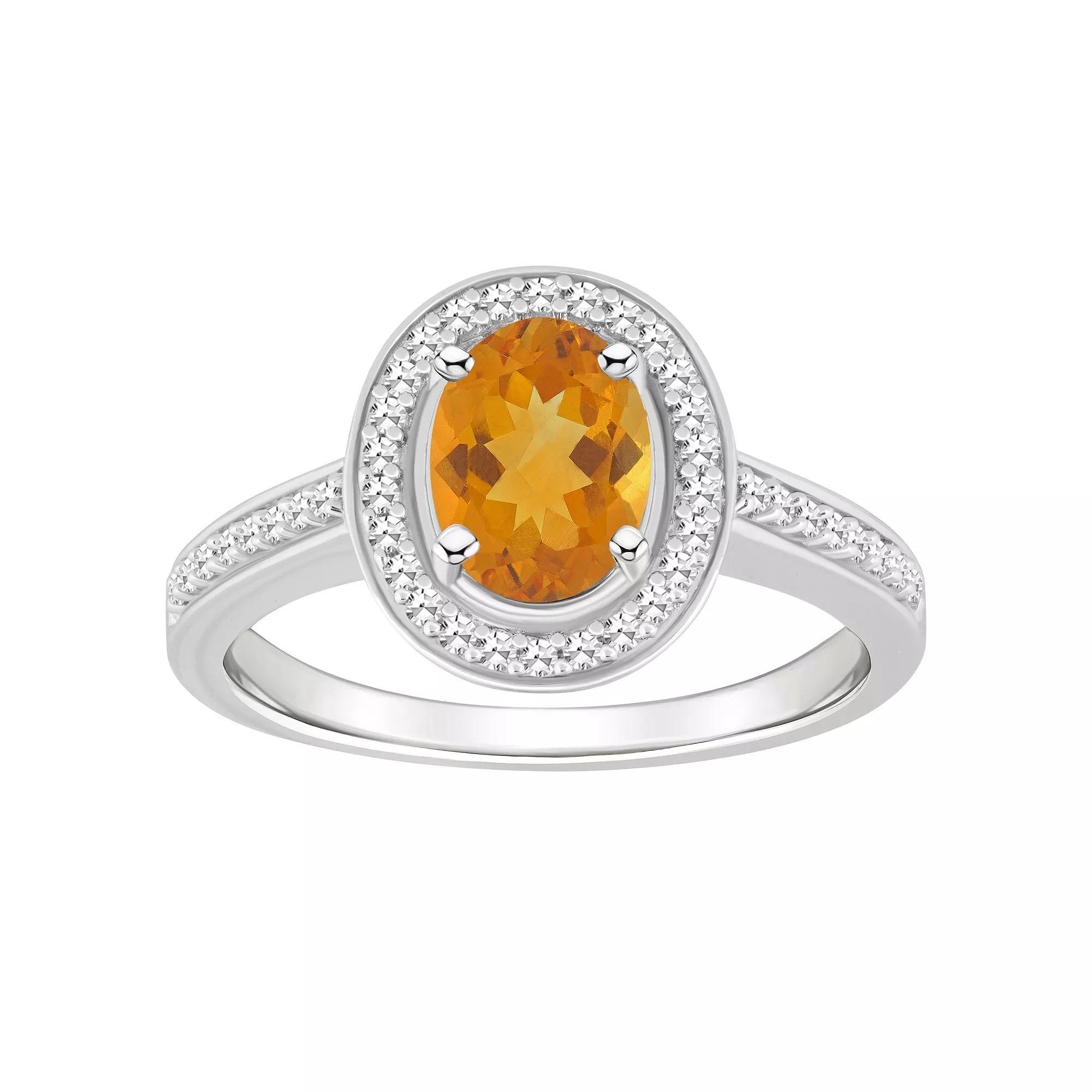 Celebration Gems Sterling Silver 8 mm x 6 mm Oval Gemstone & 1/5 Carat T.W. Diamond Halo Ring, Women's, Citrine Product Image