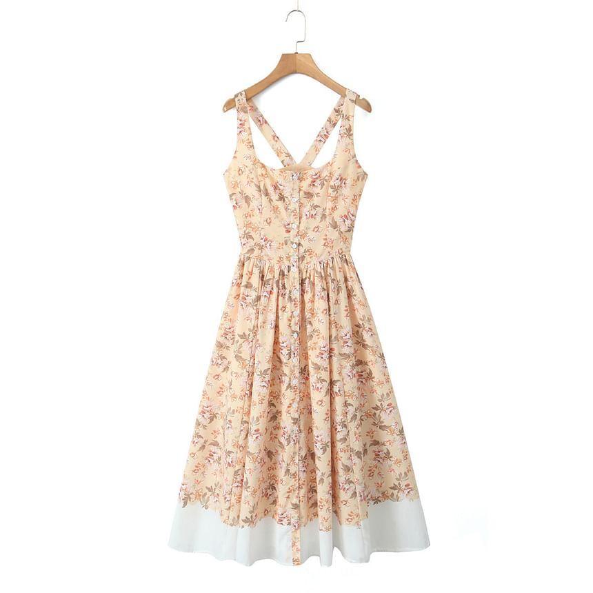 Sleeveless Square Neck Floral Print Button Midi A-Line Dress Product Image