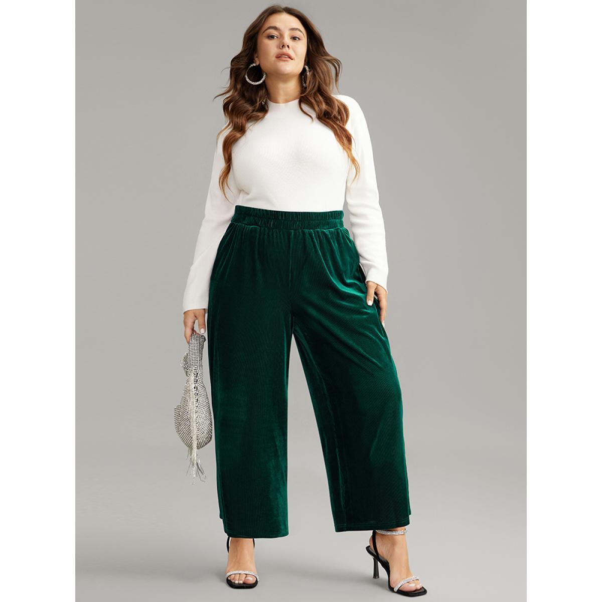 Plus Size Solid Textured Velvet Elastic Waist Gathered Pants Women DarkGreen Glamour Wide Leg High Rise Going out Pants BloomChic 28/5X Product Image