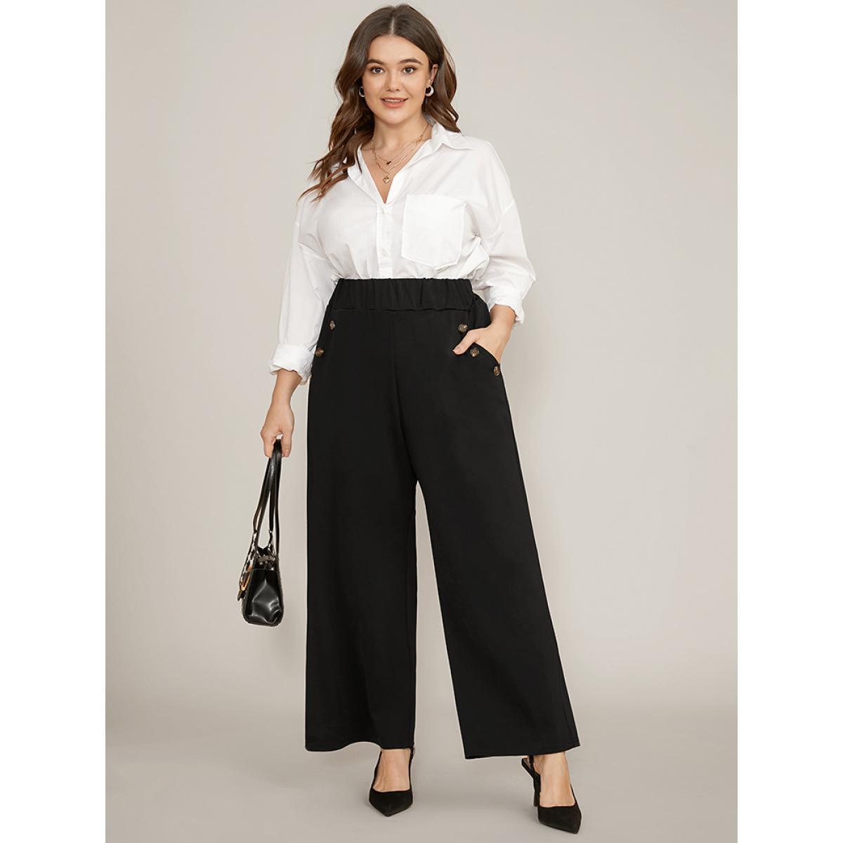 Plus Size Solid Elastic Waist Button Detail Pocket Wide Leg Pants Women Black Office Wide Leg High Rise Work Pants BloomChic 26/4X Product Image
