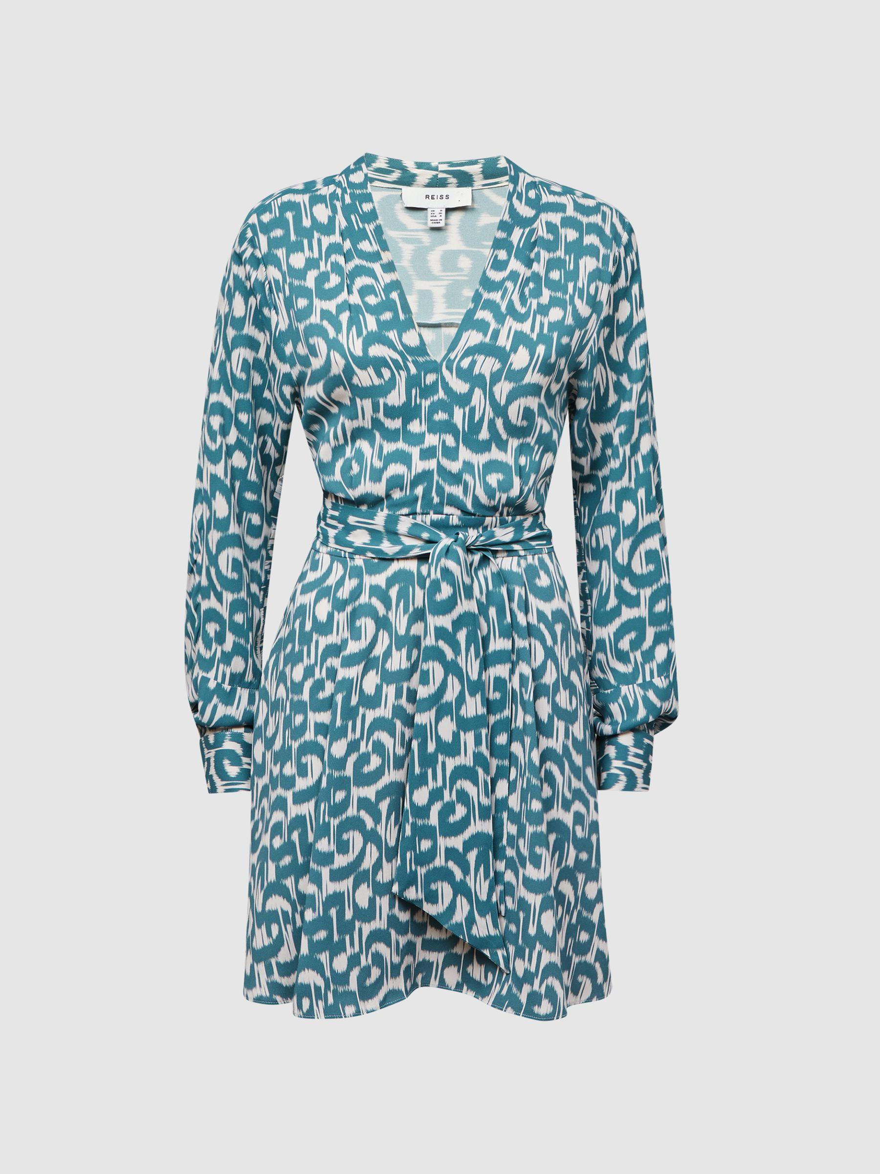 Belted V-Neck Long Sleeve Dress in Teal/White Product Image