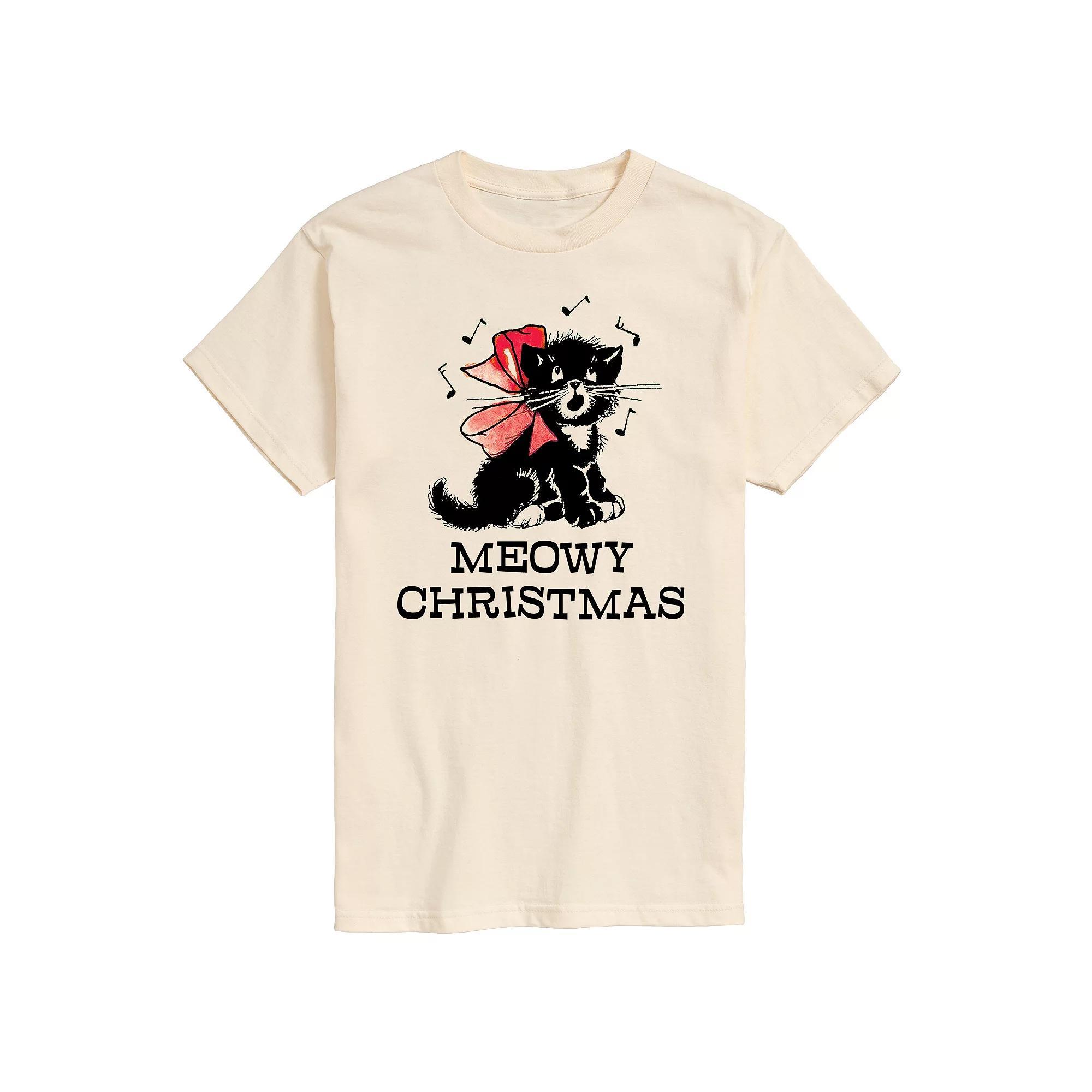 Men's Vintage Meowy Christmas Graphic Tee, Size: Small, Gray Product Image
