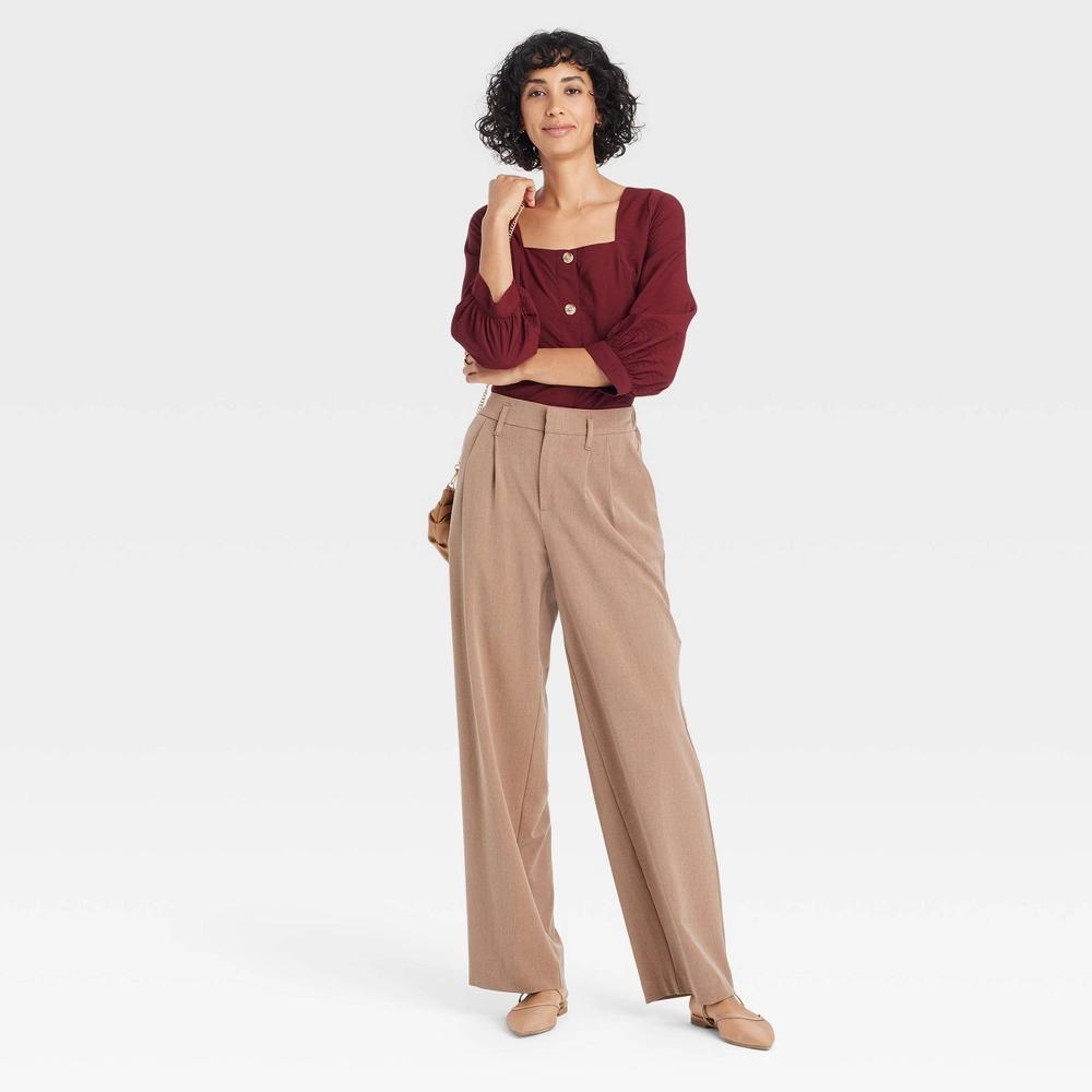 Womens Balloon 3/4 Sleeve Squareneck Blouse - A New Day Burgundy XL: Lightweight Rayon-Nylon Blend, Front Button Down Product Image