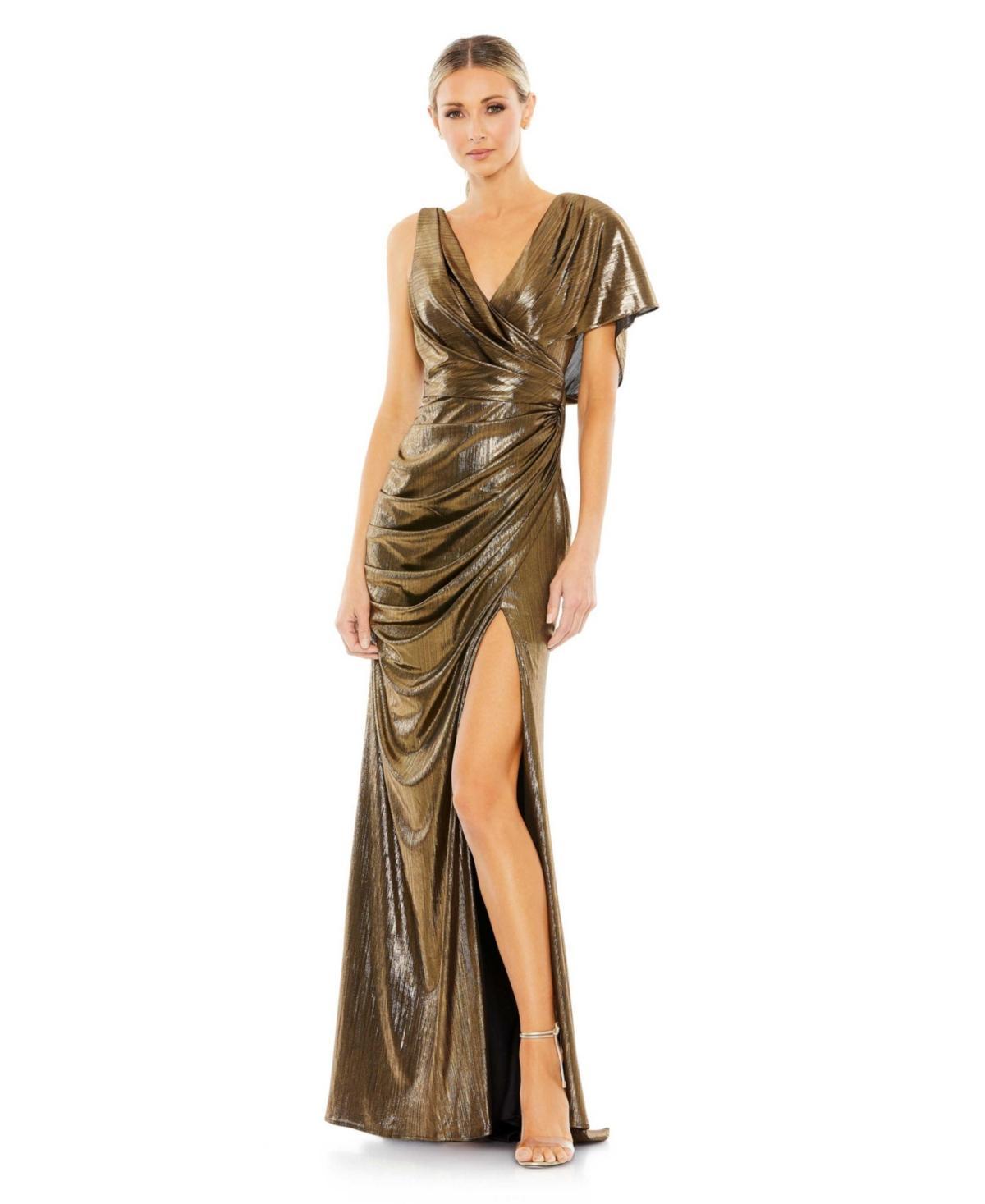 Mac Duggal Metallic One Shoulder Short Sleeve Surplice V-Neck Front Thigh High Slit Open Back Draped Gown Product Image