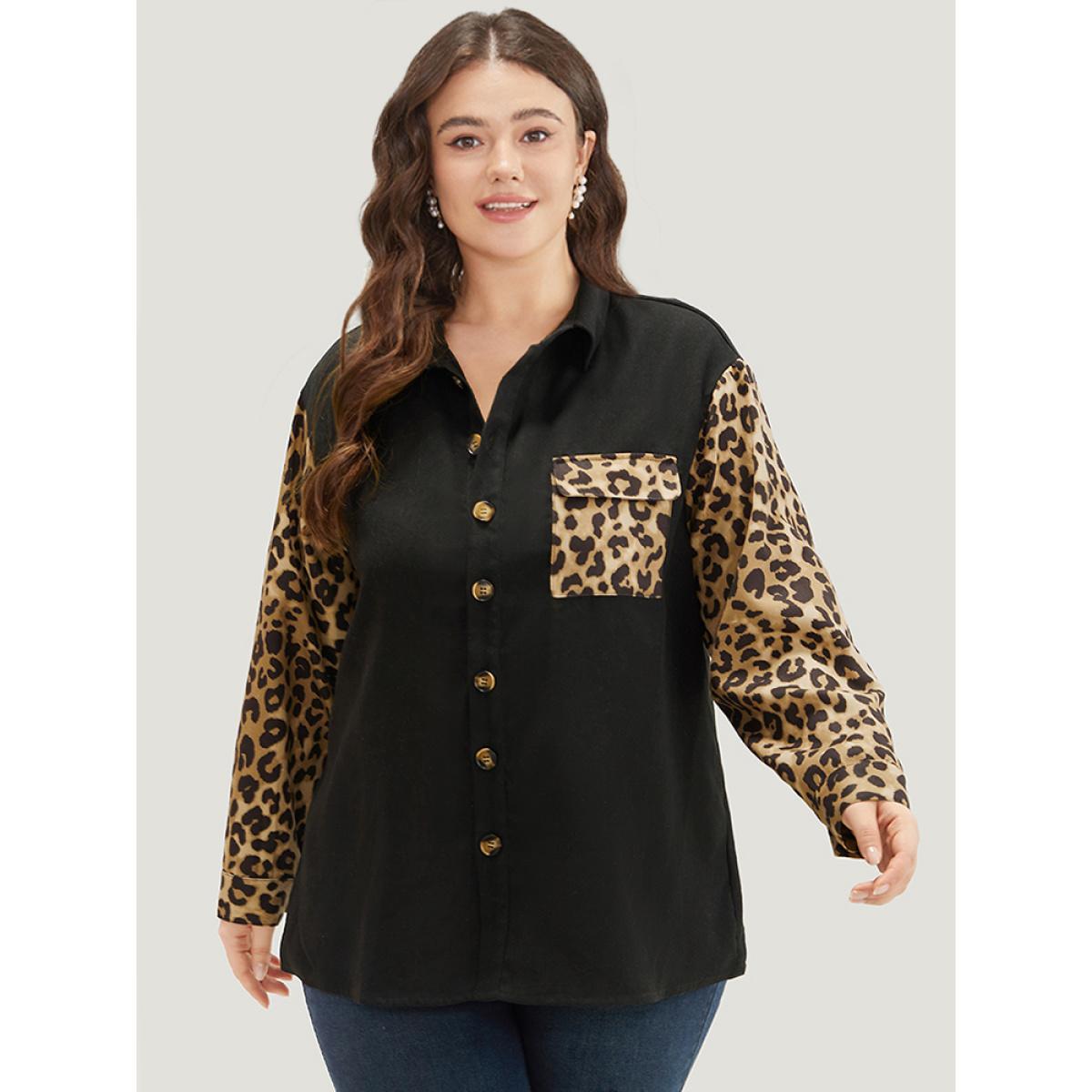 Plus Size Leopard Patchwork Contrast Button Up Coat Women Black Contrast Pocket Dailywear Jackets BloomChic 14-16/1X Product Image