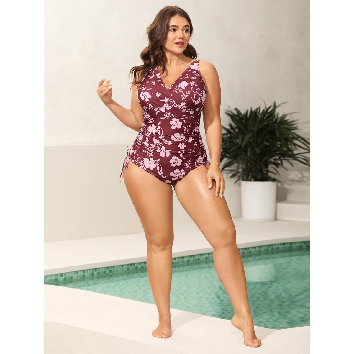 Plus Size Silhouette Floral Side Drawstring One-Piece Swimsuit Women's Swimwear Russet Beach Gathered Curve Bathing Suits High stretch One Pieces BloomChic 14-16/1X Product Image