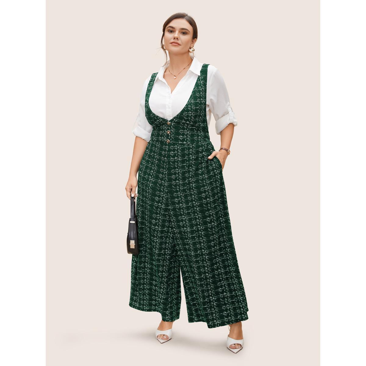 Plus Size Truegreen Plaid Tweed Crisscross Back Button Detail Jumpsuit Women Work From Home Sleeveless Non Work Loose Jumpsuits BloomChic 18-20/2X Product Image