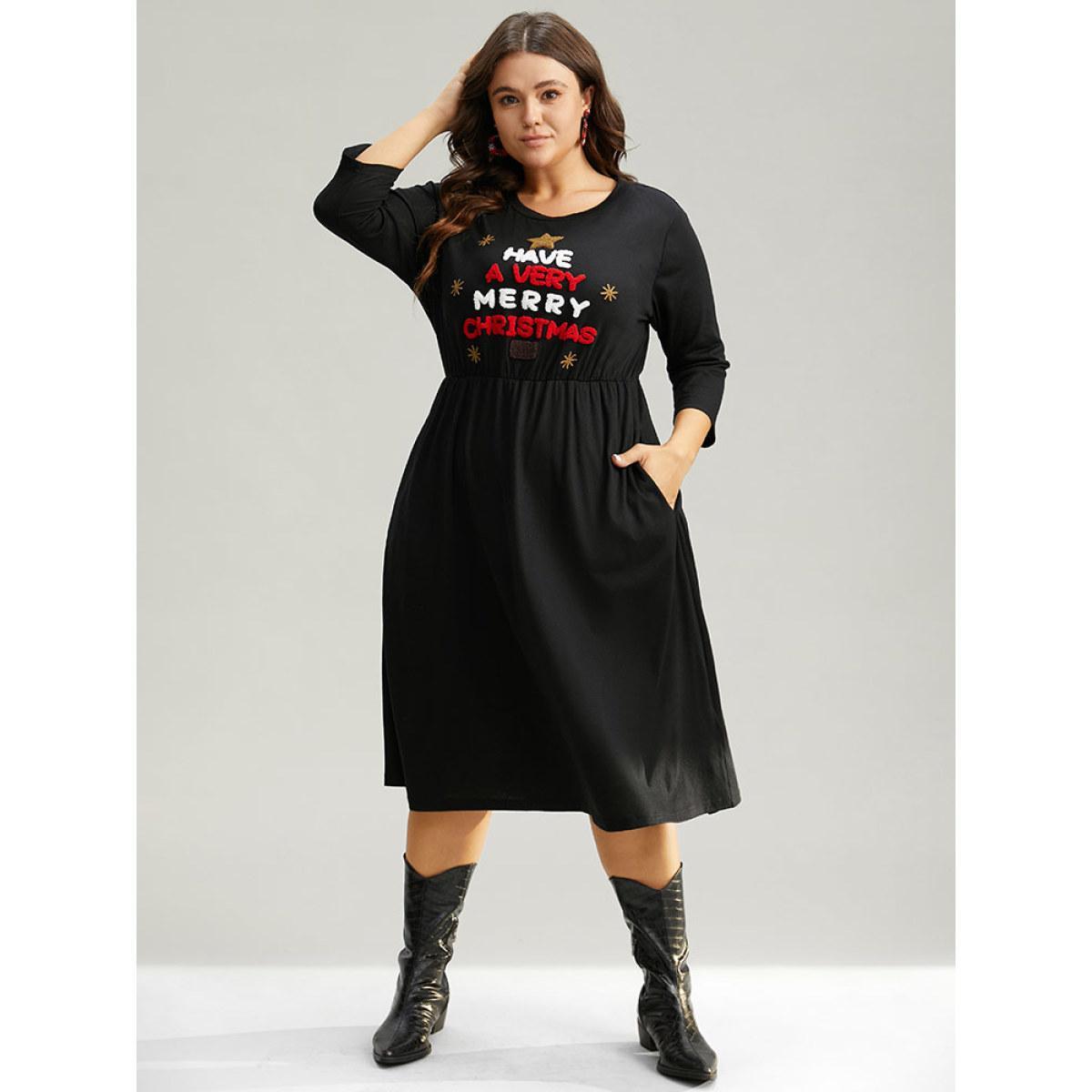Plus Size Christmas Embroidered Star Elastic Waist Dress Black Women Casual Embroidered Round Neck Elbow-length sleeve Curvy Midi Dress BloomChic 14-16/1X Product Image