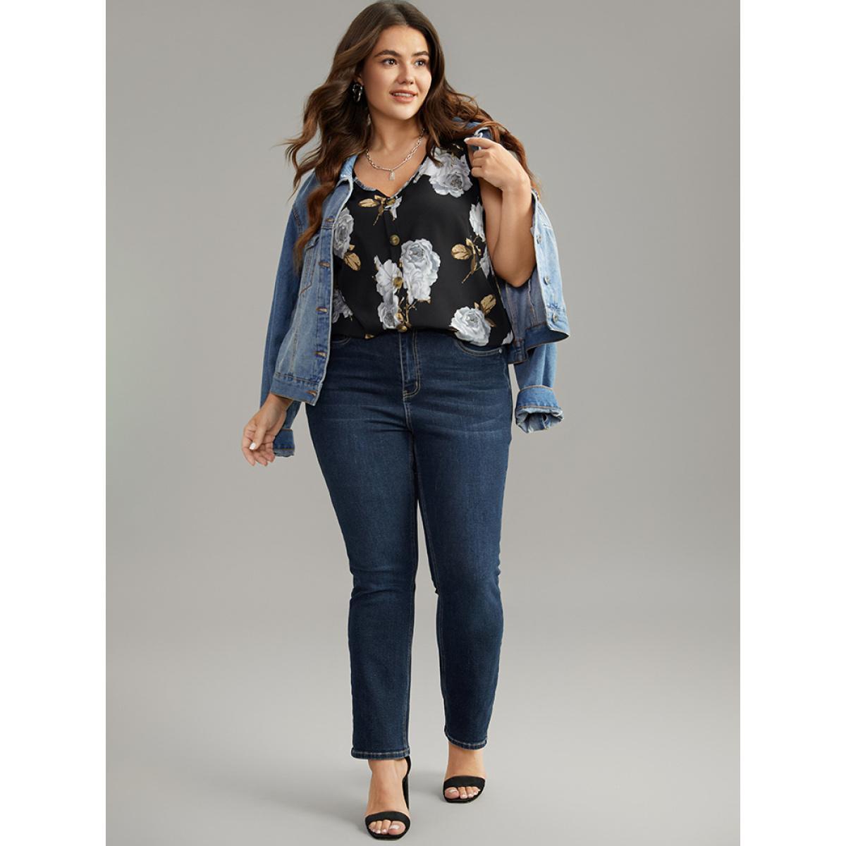 Plus Size Floral Print Button Detail Tank Top Women Black Elegant Tucked seam V-neck Everyday Tank Tops Camis BloomChic 10/M Product Image